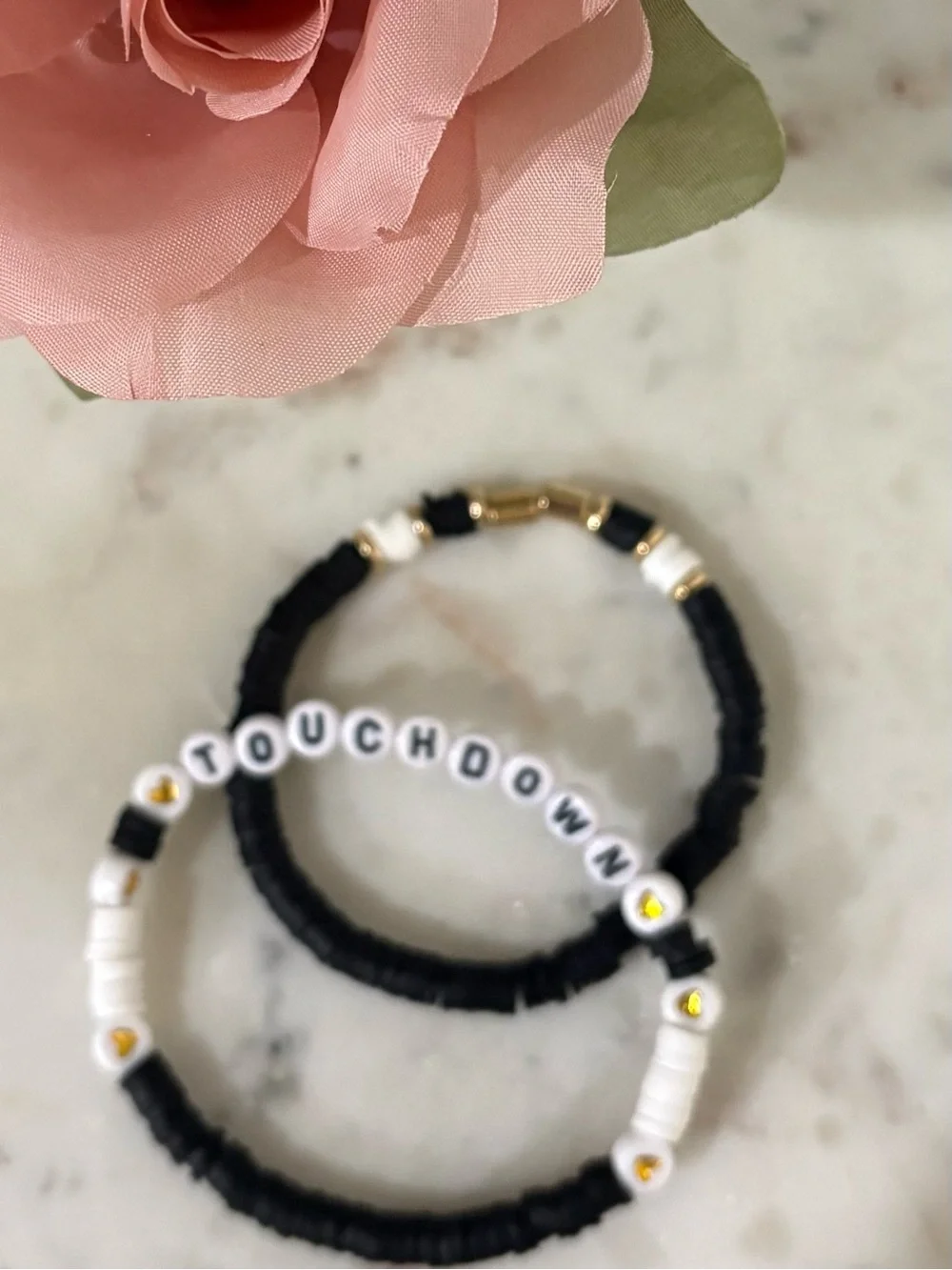 Black & White 'TOUCHDOWN' Beaded Bracelet Set